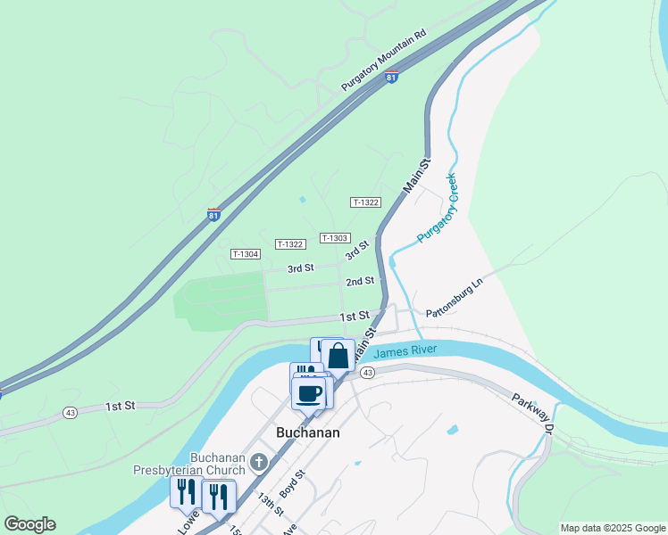 map of restaurants, bars, coffee shops, grocery stores, and more near 181 Bridge Street North in Buchanan