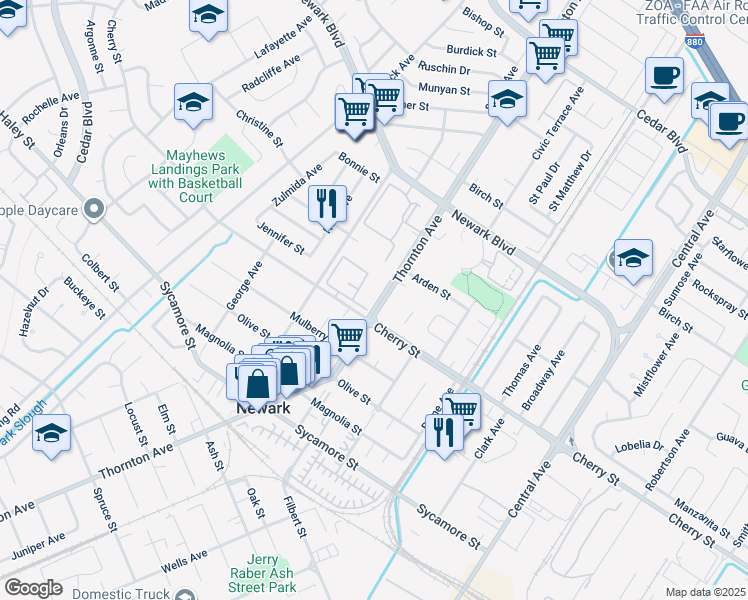 map of restaurants, bars, coffee shops, grocery stores, and more near 6433 Thornton Avenue in Newark