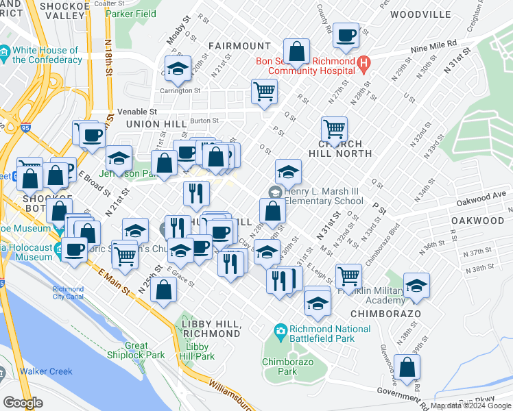 map of restaurants, bars, coffee shops, grocery stores, and more near 627 North 27th Street in Richmond