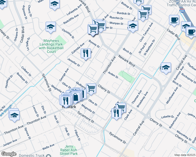 map of restaurants, bars, coffee shops, grocery stores, and more near 6505 Thornton Avenue in Newark