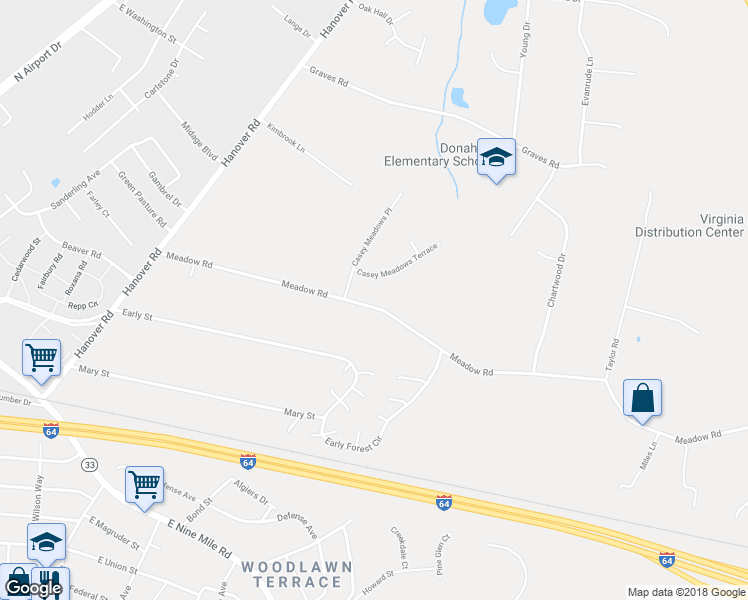 map of restaurants, bars, coffee shops, grocery stores, and more near 1790 Meadow Road in Sandston