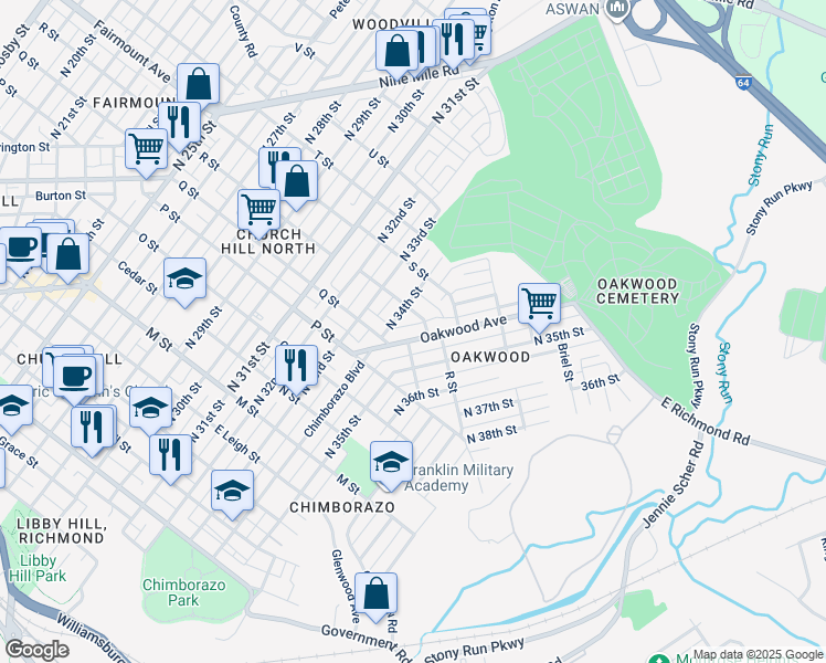 map of restaurants, bars, coffee shops, grocery stores, and more near 1208 Oakwood Avenue in Richmond