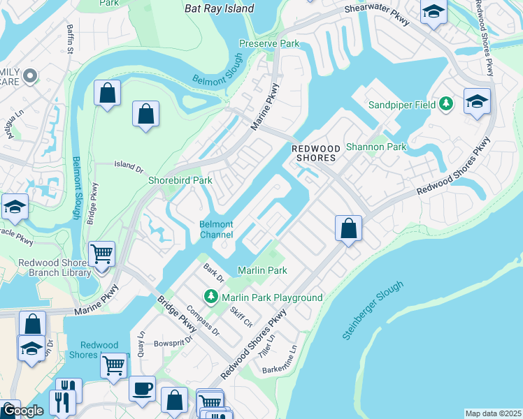 map of restaurants, bars, coffee shops, grocery stores, and more near 610 Marlin Court in Redwood City