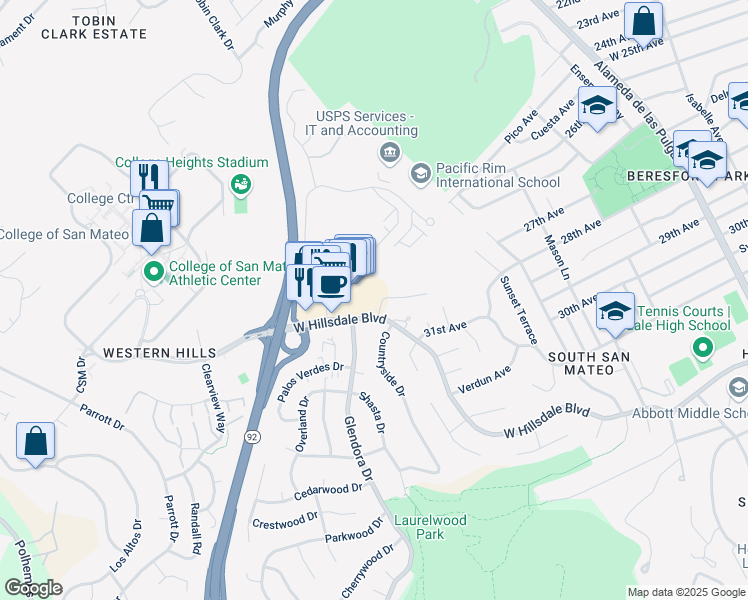 map of restaurants, bars, coffee shops, grocery stores, and more near 1206 West Hillsdale Boulevard in San Mateo