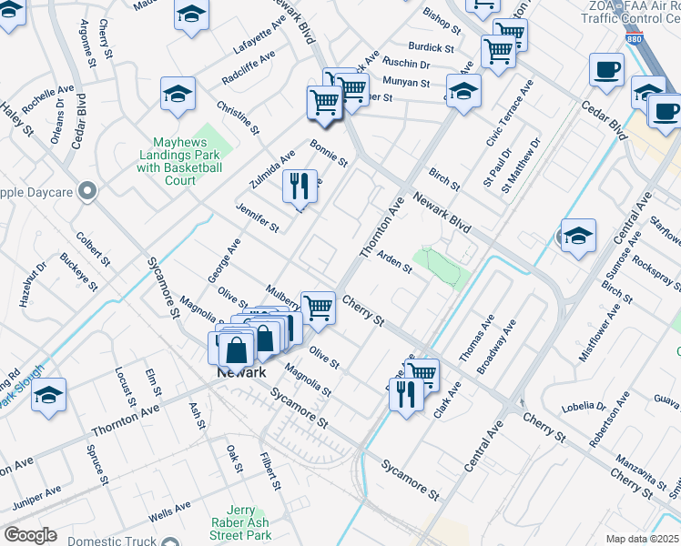 map of restaurants, bars, coffee shops, grocery stores, and more near 6433 Thornton Avenue in Newark