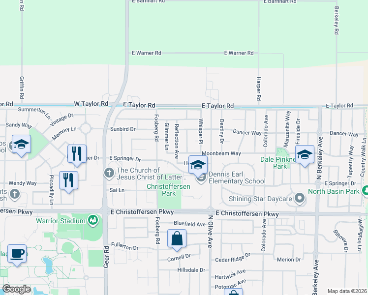 map of restaurants, bars, coffee shops, grocery stores, and more near 652 Moonbeam Way in Turlock