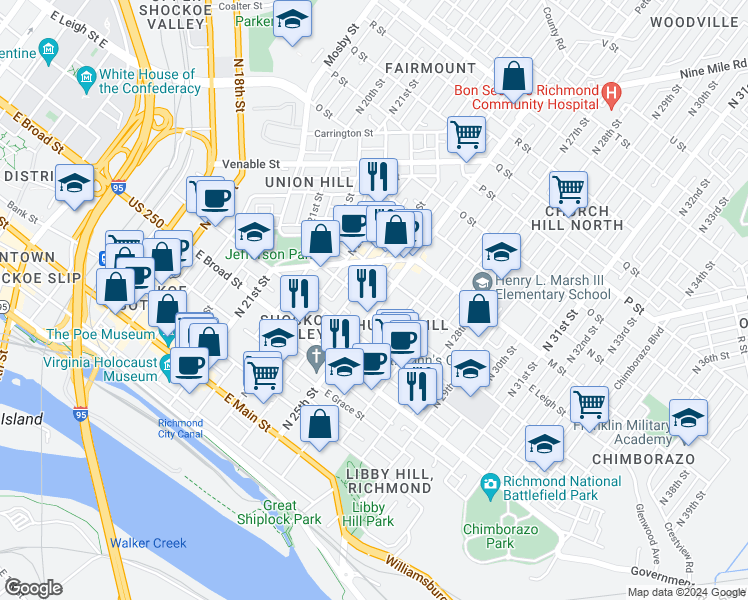 map of restaurants, bars, coffee shops, grocery stores, and more near in Richmond