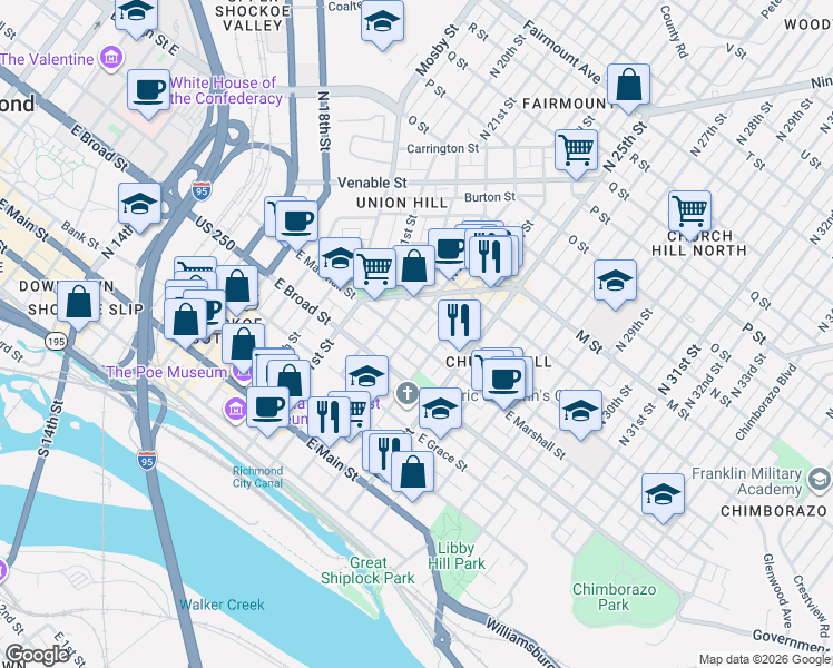 map of restaurants, bars, coffee shops, grocery stores, and more near 316 North 24th Street in Richmond