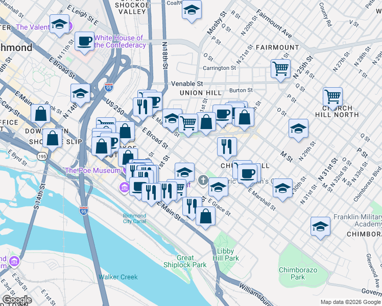 map of restaurants, bars, coffee shops, grocery stores, and more near 2208 East Broad Street in Richmond