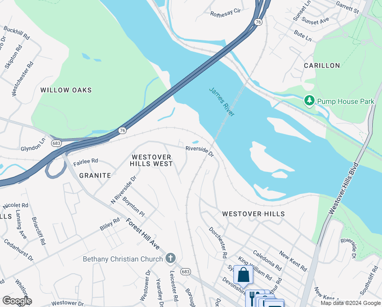 map of restaurants, bars, coffee shops, grocery stores, and more near 5571 Riverside Drive in Richmond