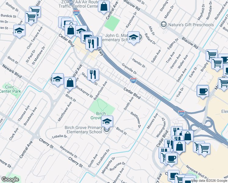 map of restaurants, bars, coffee shops, grocery stores, and more near 38153 Geranium Street in Newark