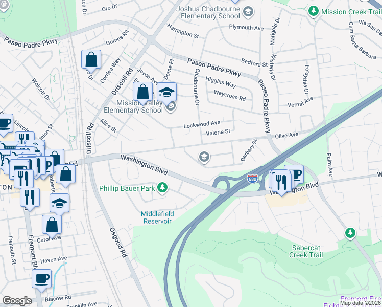 map of restaurants, bars, coffee shops, grocery stores, and more near 2443 Jackson Street in Fremont