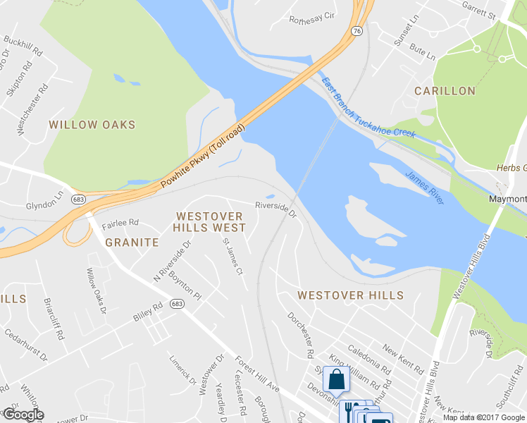 map of restaurants, bars, coffee shops, grocery stores, and more near 5571 Riverside Drive in Richmond