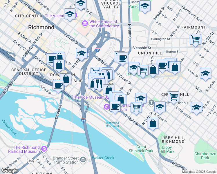map of restaurants, bars, coffee shops, grocery stores, and more near 1900 East Franklin Street in Richmond