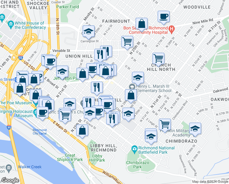 map of restaurants, bars, coffee shops, grocery stores, and more near 603 North 26th Street in Richmond