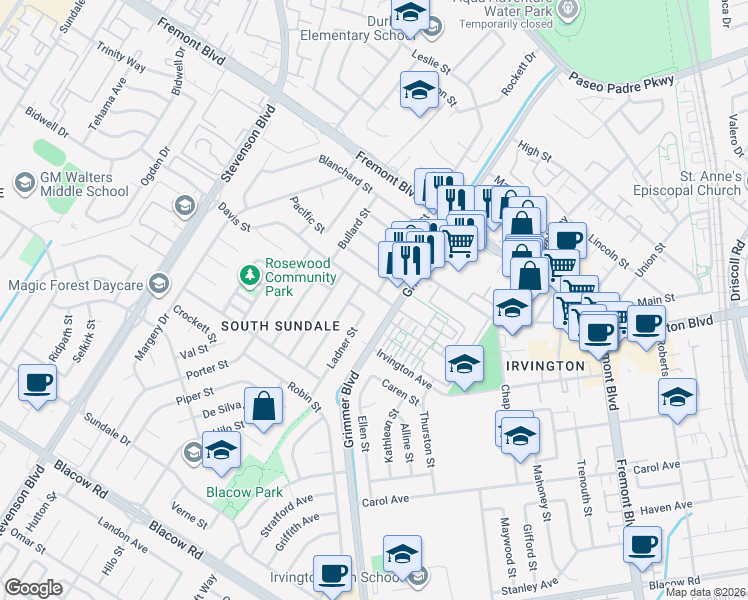 map of restaurants, bars, coffee shops, grocery stores, and more near 4363 Ladner Street in Fremont
