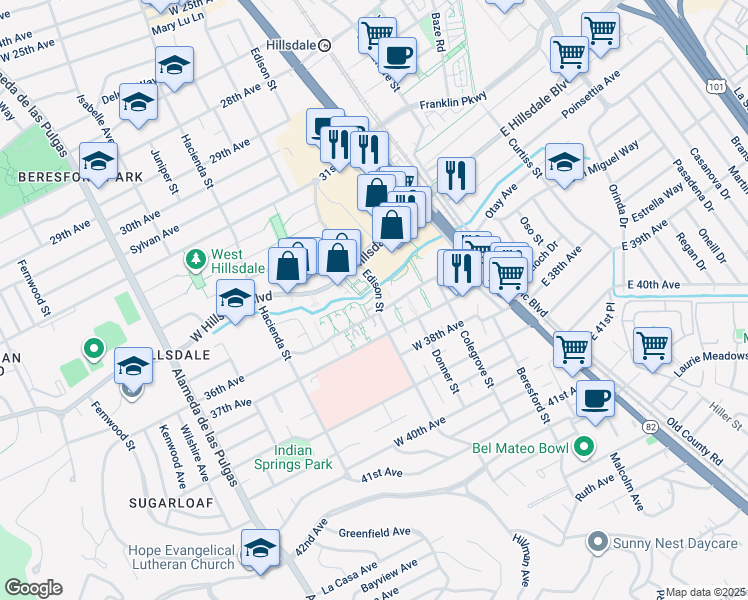 map of restaurants, bars, coffee shops, grocery stores, and more near 3500 Edison Street in San Mateo