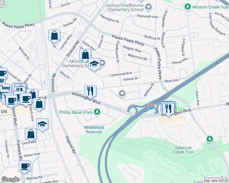 map of restaurants, bars, coffee shops, grocery stores, and more near 2443 Jackson Street in Fremont