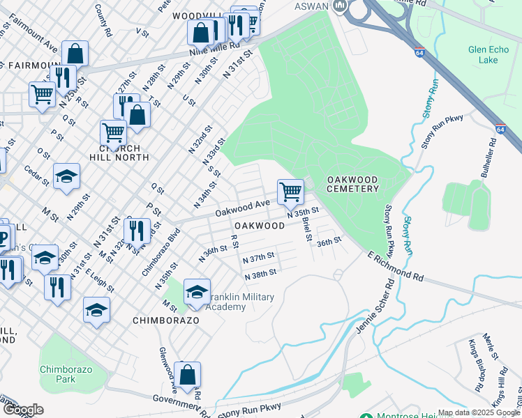 map of restaurants, bars, coffee shops, grocery stores, and more near 1425 Oakwood Avenue in Richmond