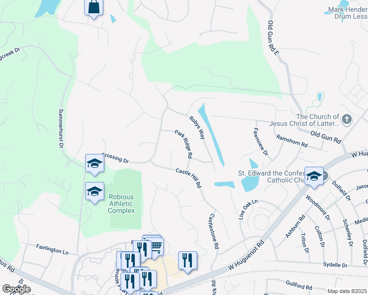 map of restaurants, bars, coffee shops, grocery stores, and more near 2820 Park Ridge Road in Midlothian
