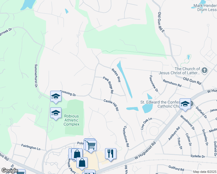 map of restaurants, bars, coffee shops, grocery stores, and more near 2820 Park Ridge Road in Midlothian