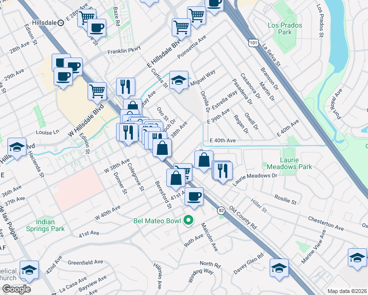 map of restaurants, bars, coffee shops, grocery stores, and more near 50 East 39th Avenue in San Mateo