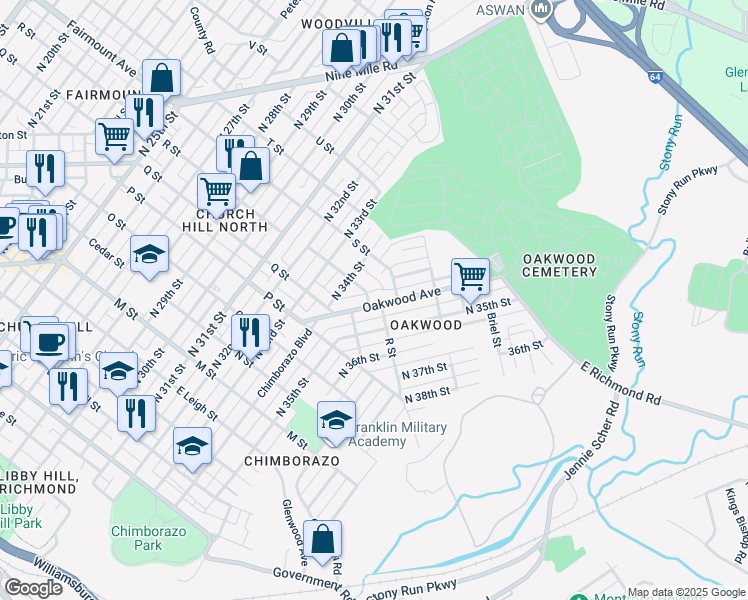 map of restaurants, bars, coffee shops, grocery stores, and more near 1302 Oakwood Avenue in Richmond