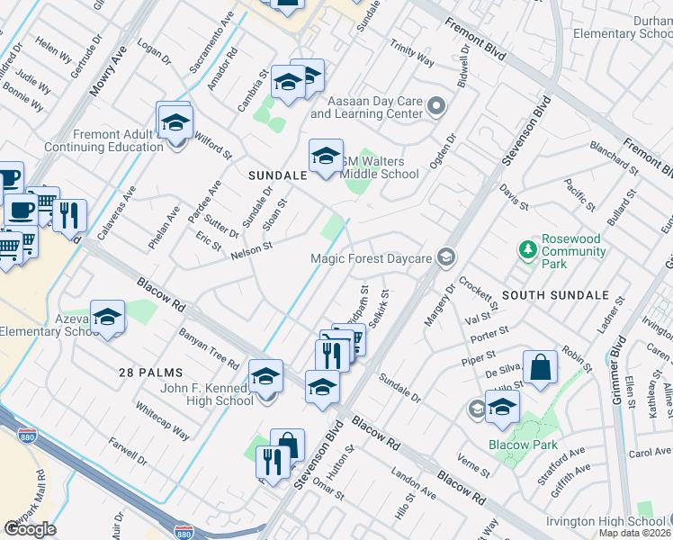 map of restaurants, bars, coffee shops, grocery stores, and more near 4600 Wheeler Drive in Fremont