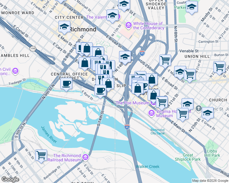 map of restaurants, bars, coffee shops, grocery stores, and more near 100 South 15th Street in Richmond