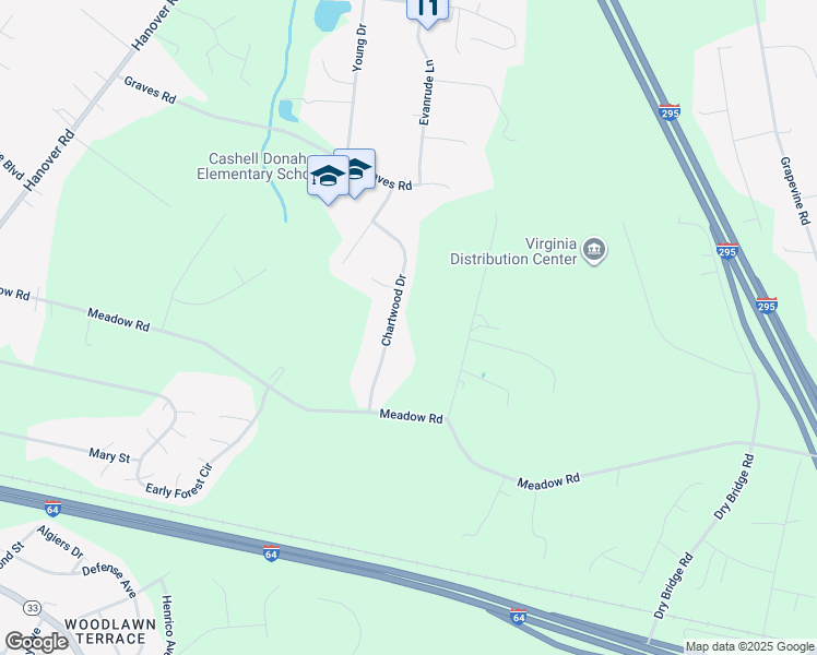 map of restaurants, bars, coffee shops, grocery stores, and more near 10101 Rodgers Street in Sandston