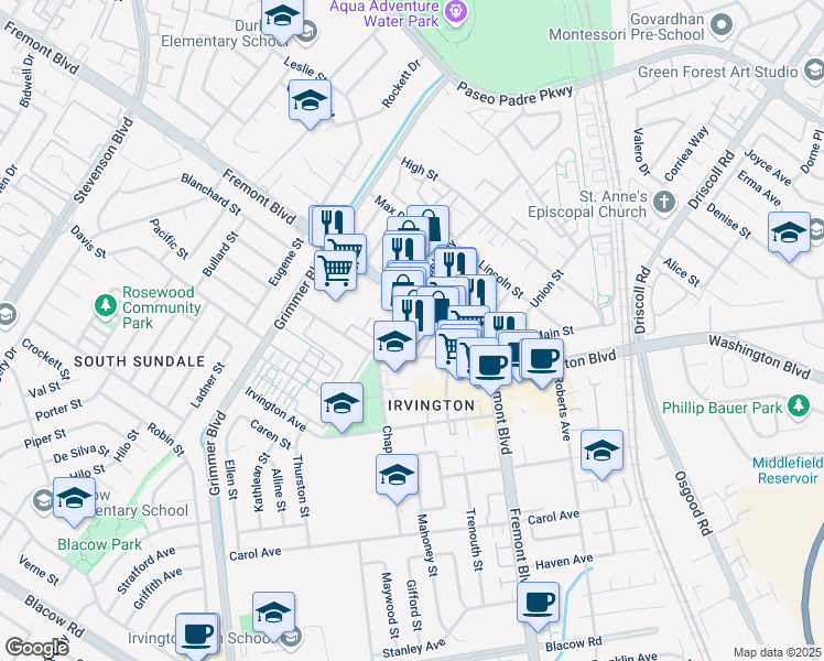 map of restaurants, bars, coffee shops, grocery stores, and more near 40640 Fremont Boulevard in Fremont