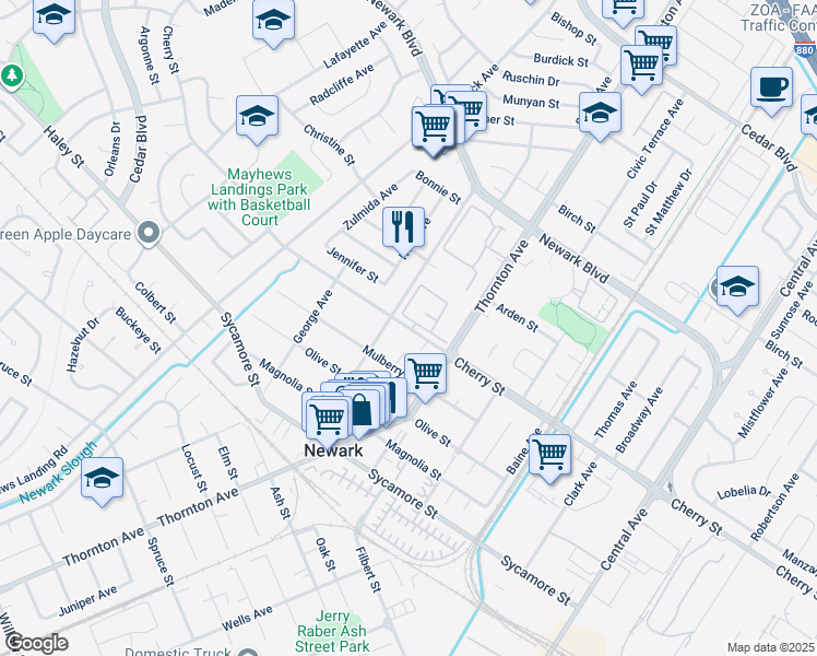 map of restaurants, bars, coffee shops, grocery stores, and more near 36721 Cherry Street in Newark