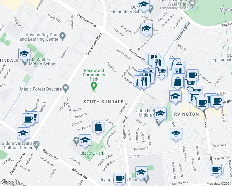 map of restaurants, bars, coffee shops, grocery stores, and more near 4359 Cahill Street in Fremont