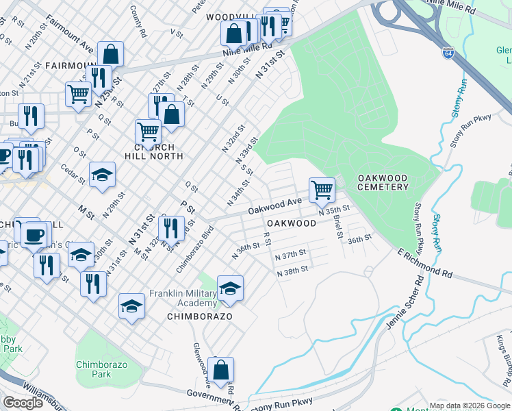 map of restaurants, bars, coffee shops, grocery stores, and more near 3439 S Street in Richmond