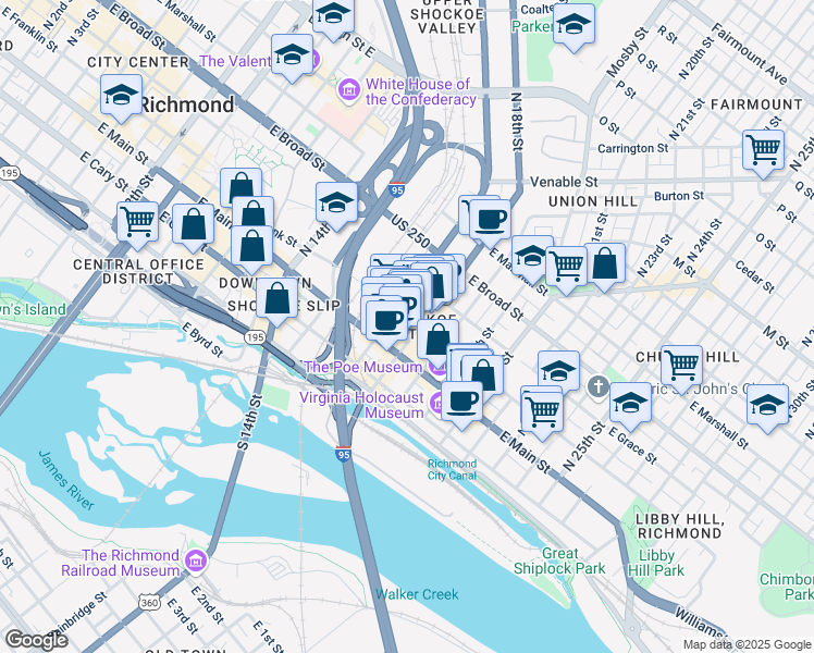 map of restaurants, bars, coffee shops, grocery stores, and more near 111 North 17th Street in Richmond