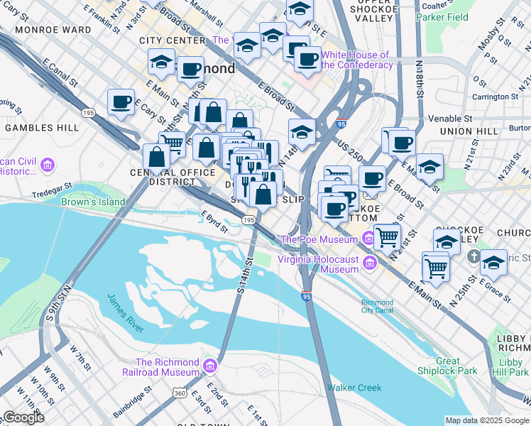 map of restaurants, bars, coffee shops, grocery stores, and more near in Richmond