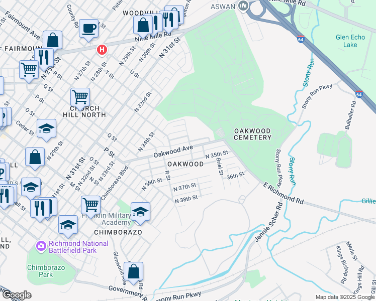 map of restaurants, bars, coffee shops, grocery stores, and more near 1427 Oakwood Avenue in Richmond