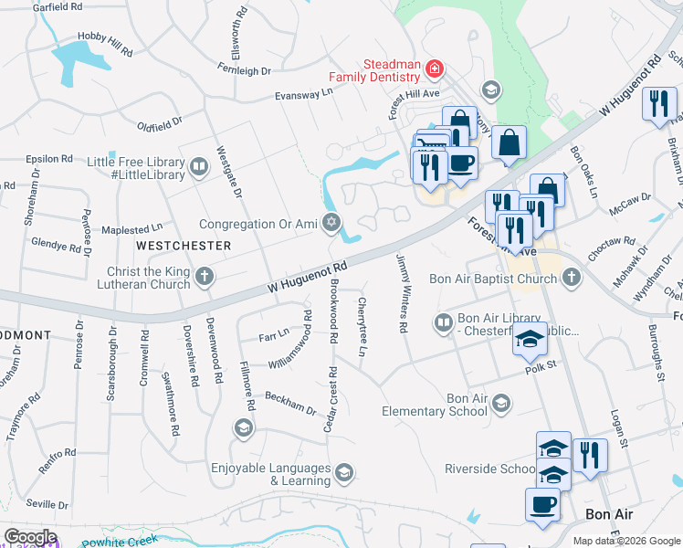map of restaurants, bars, coffee shops, grocery stores, and more near 2711 Brookwood Road in Richmond