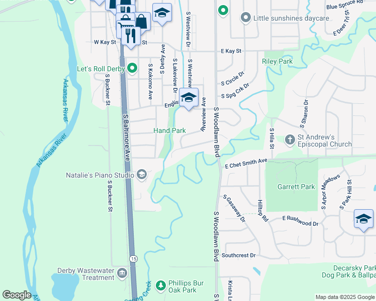 map of restaurants, bars, coffee shops, grocery stores, and more near 514 E Parklane St in Derby