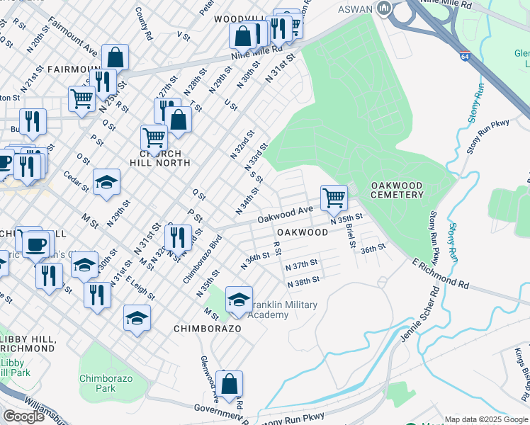 map of restaurants, bars, coffee shops, grocery stores, and more near 1302 Oakwood Avenue in Richmond