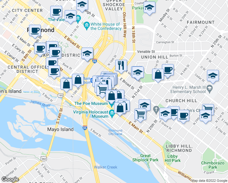 map of restaurants, bars, coffee shops, grocery stores, and more near 1800 East Grace Street in Richmond