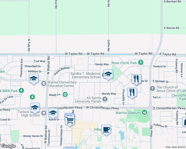 map of restaurants, bars, coffee shops, grocery stores, and more near 991 Ashford Drive in Turlock