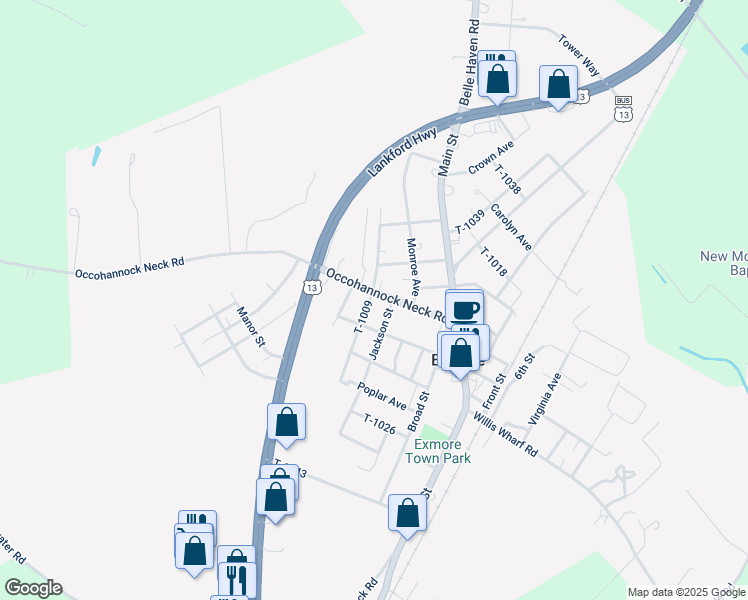map of restaurants, bars, coffee shops, grocery stores, and more near 11538 Occohannock Neck Road in Exmore