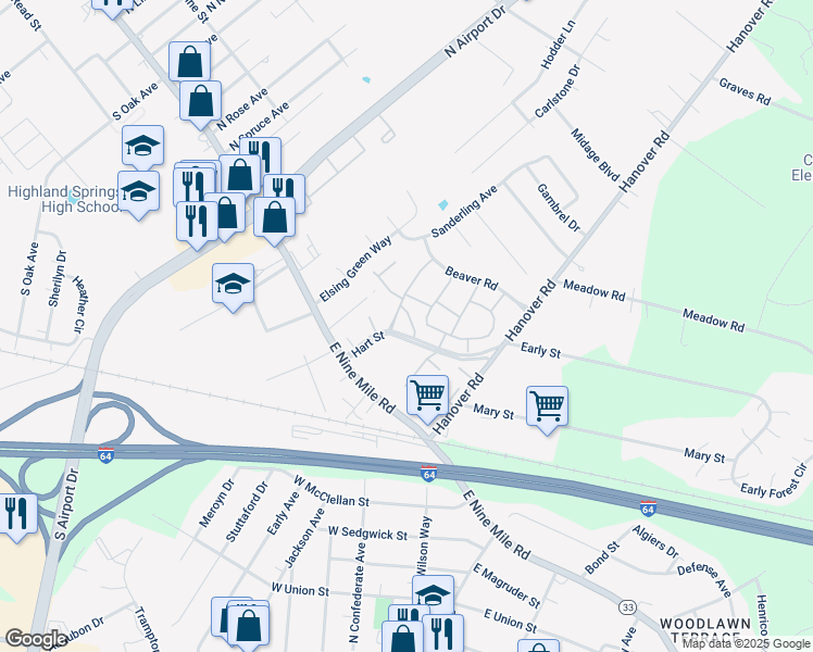 map of restaurants, bars, coffee shops, grocery stores, and more near 204 Cornett Street in Highland Springs