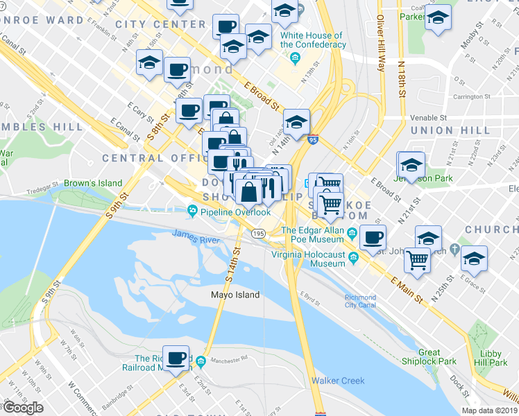 map of restaurants, bars, coffee shops, grocery stores, and more near 1410 East Cary Street in Richmond