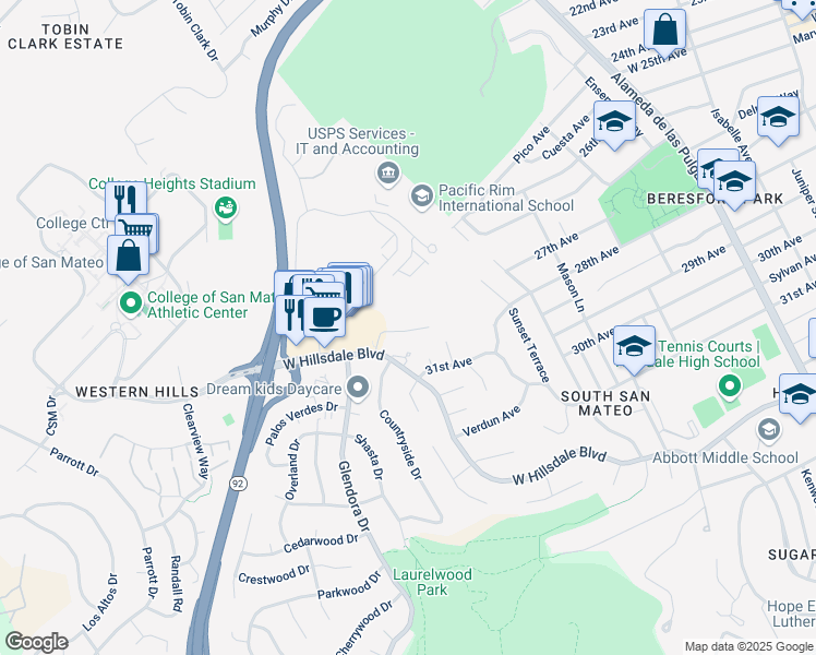 map of restaurants, bars, coffee shops, grocery stores, and more near 10 Scenic Way in San Mateo