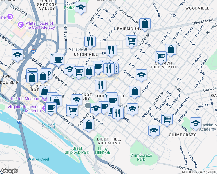 map of restaurants, bars, coffee shops, grocery stores, and more near 517 North 25th Street in Richmond