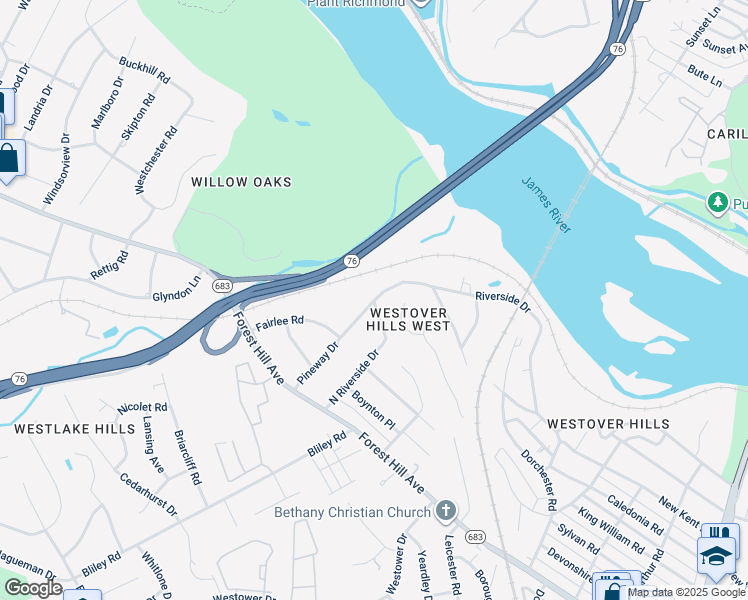 map of restaurants, bars, coffee shops, grocery stores, and more near 6400 Riverside Drive in Richmond