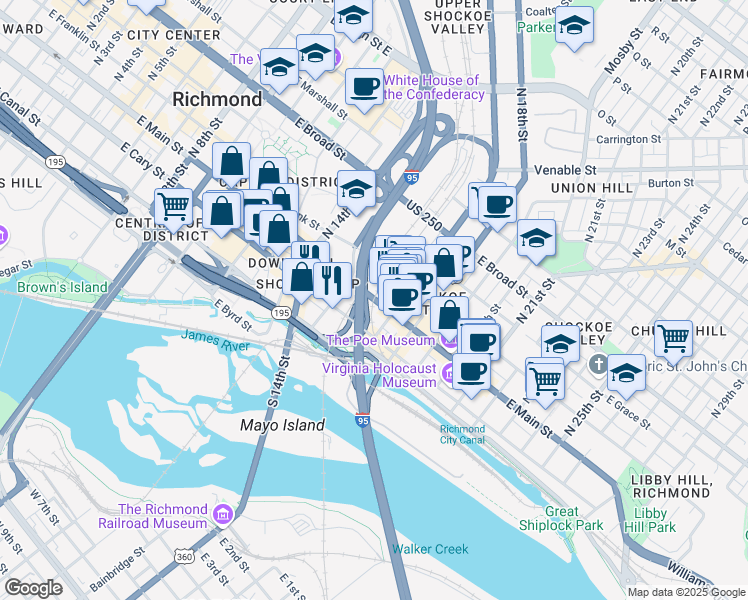 map of restaurants, bars, coffee shops, grocery stores, and more near 1500 East Main Street in Richmond