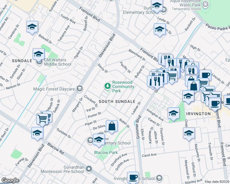 map of restaurants, bars, coffee shops, grocery stores, and more near 4421 Porter Street in Fremont